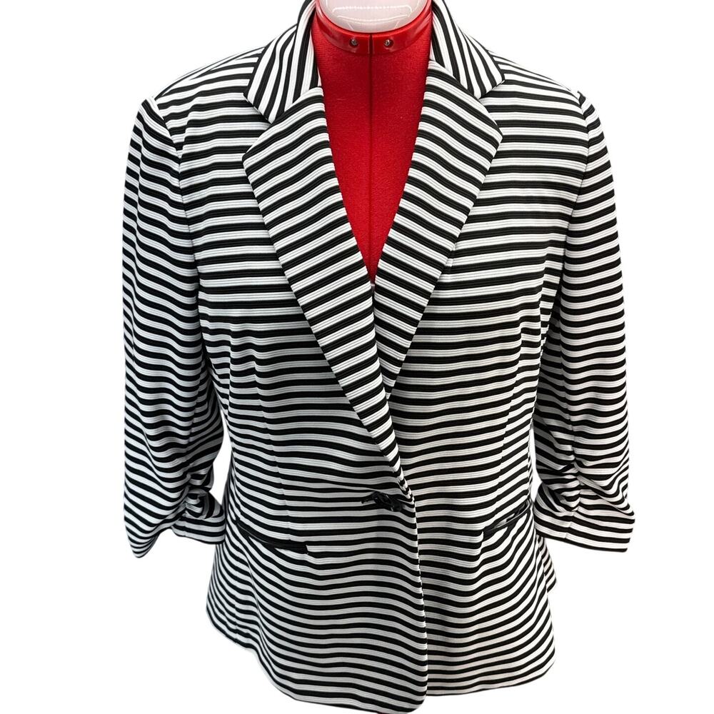 Kasper Black White Stripe 1 Button Ruched Sleeve Jacket Blazer Women 14